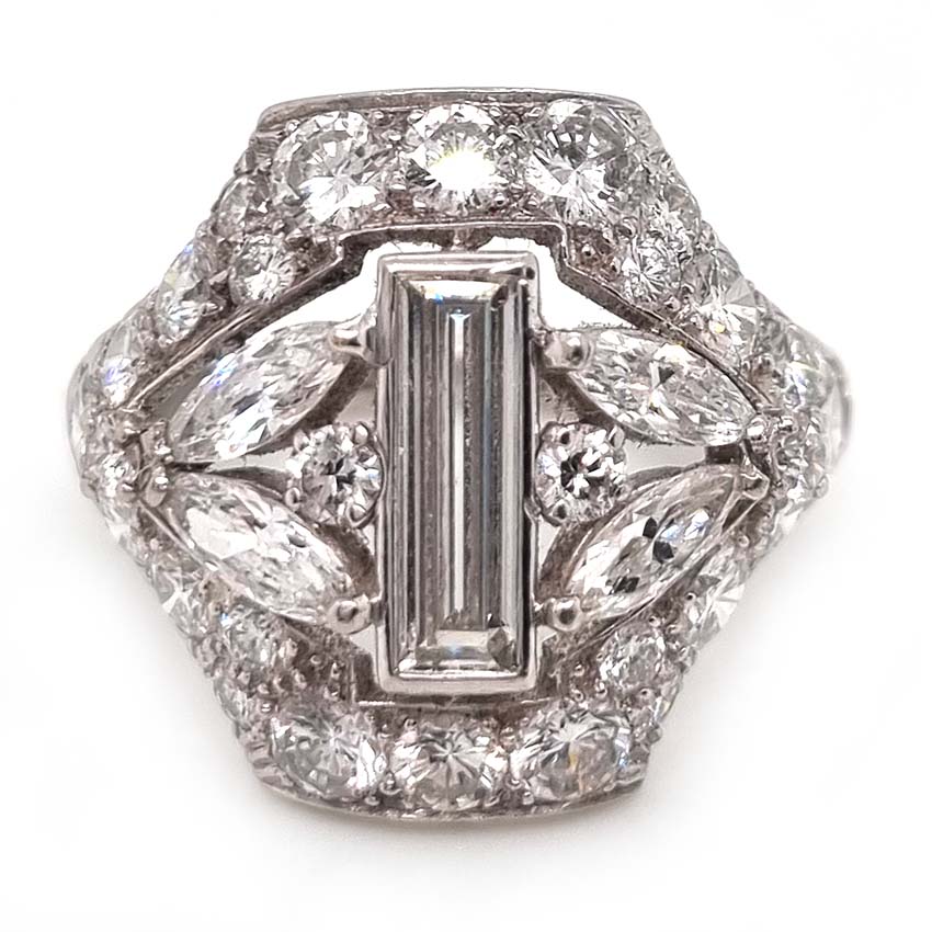 Art Deco 3.81ct Diamond Cluster Dress Statement Ring, 0.75ct baguette-cut diamond geometric design old-cut and marquise-cut diamonds in platinum and iridium