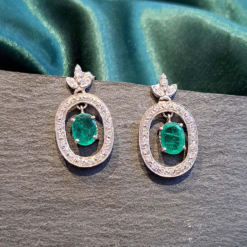 Vintage 1.7ct Emerald and Diamond Oval Cluster Drop Earrings