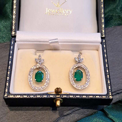 Vintage 1.7ct Emerald and Diamond Oval Cluster Drop Earrings