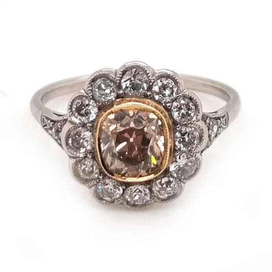 Antique Old Cut Champagne Diamond Cluster Engagement Ring