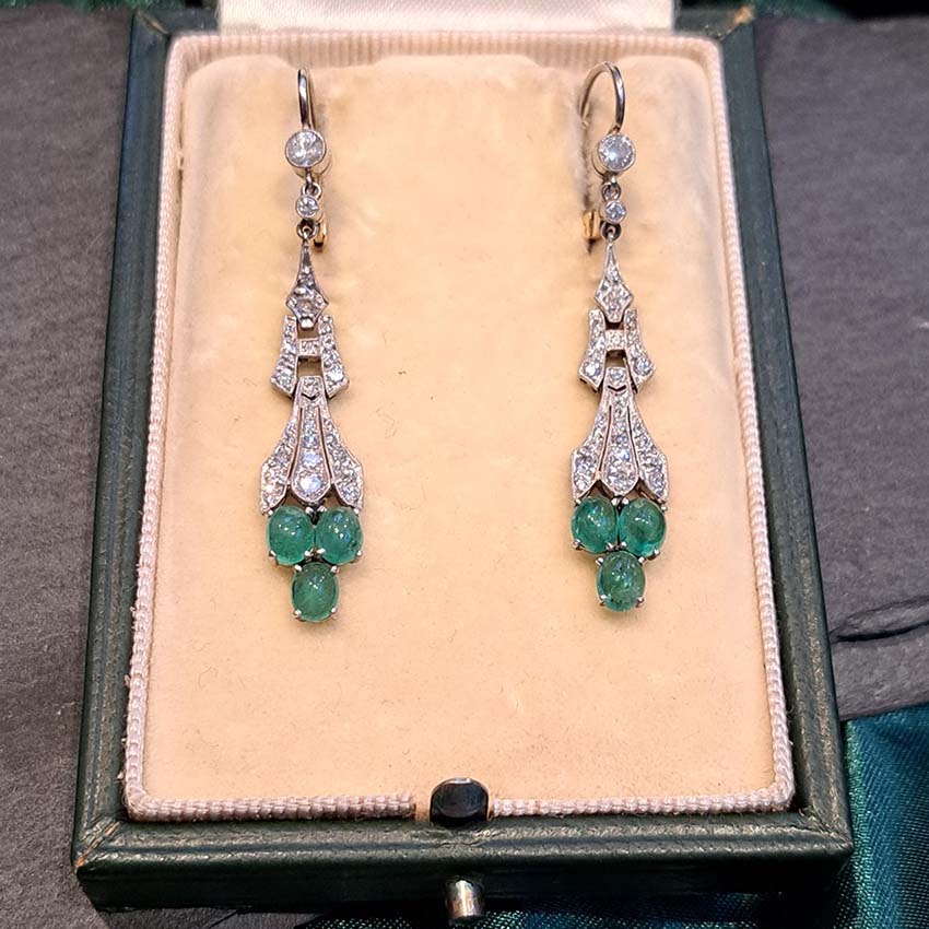 Antique 2.4ct Cabochon Emerald and Diamond Drop Earrings, oval cabochon cut emeralds grape clusters suspended from diamond old-cut diamond set drops in platinum with later 18ct white gold fittings