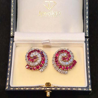 Vintage Italian Burma Ruby and Diamond Swirl Cluster Earrings, predominately no heat unheated untreated