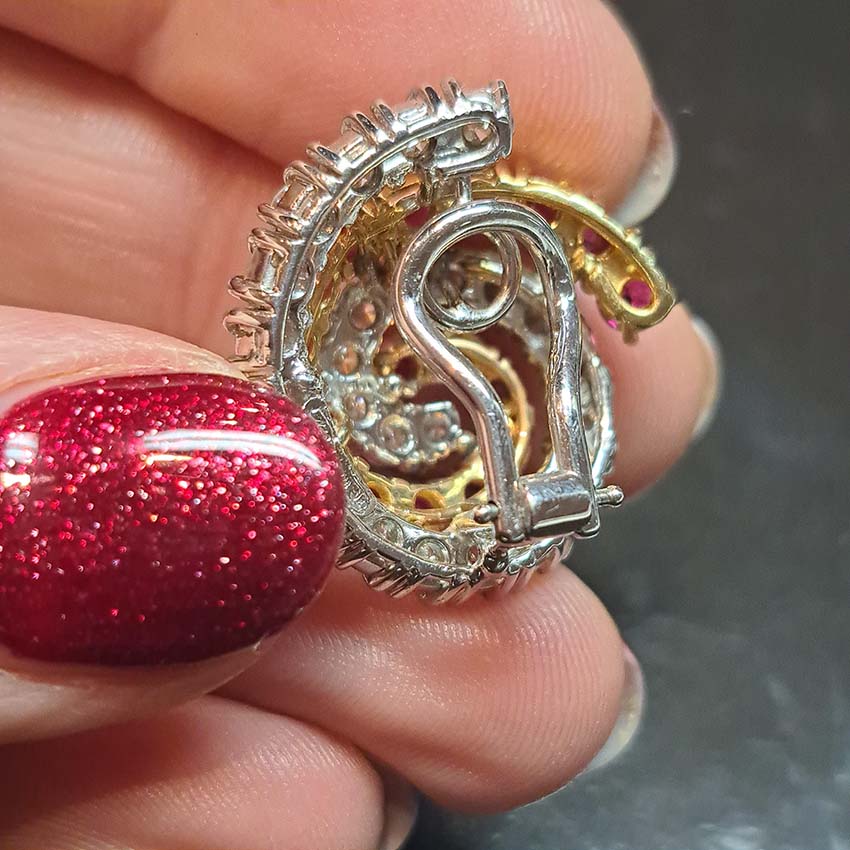 Vintage Italian Burma Ruby and Diamond Swirl Cluster Earrings, predominately no heat unheated untreated