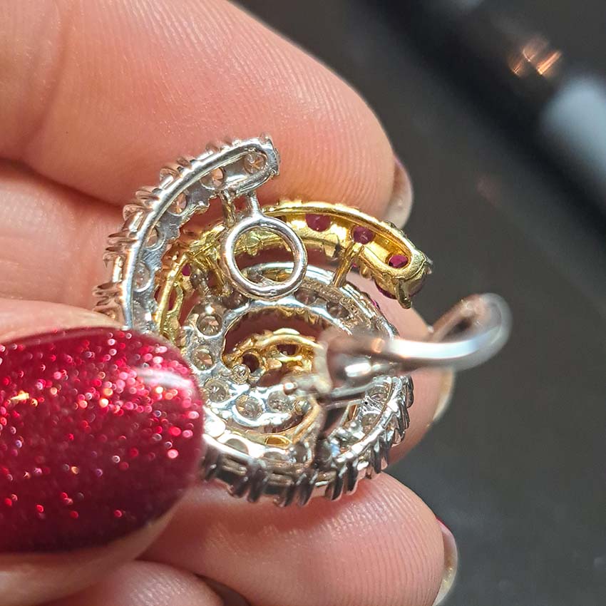 Vintage Italian Burma Ruby and Diamond Swirl Cluster Earrings, predominately no heat unheated untreated