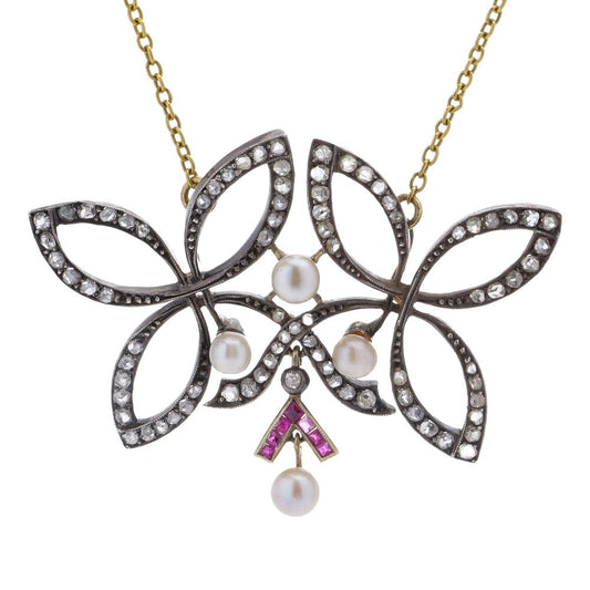 Antique Victorian Diamond, Ruby And Pearl Pendant With 18 Carat Gold Chain