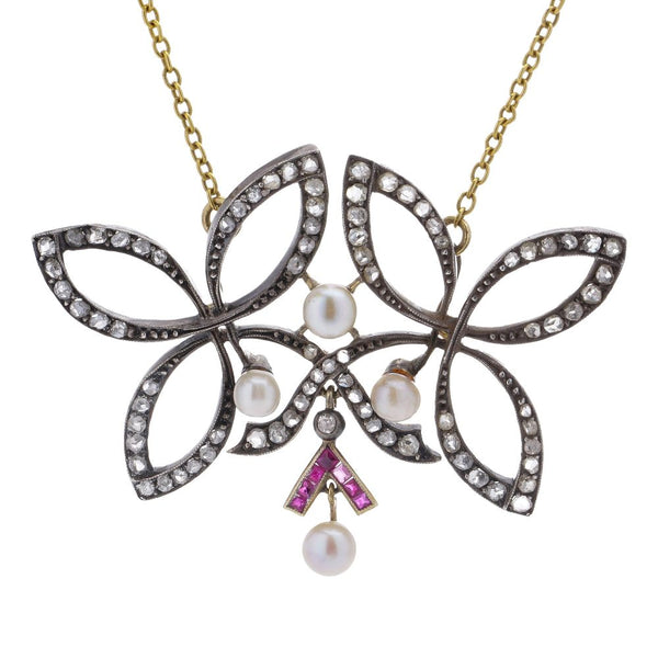 Antique Victorian Diamond, Ruby And Pearl Pendant With 18 Carat Gold Chain