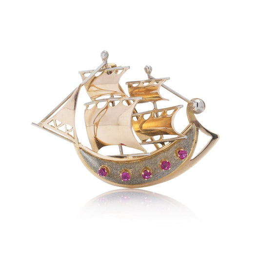 18 Carat Yellow Gold Sailing Ship Brooch With Rubies.