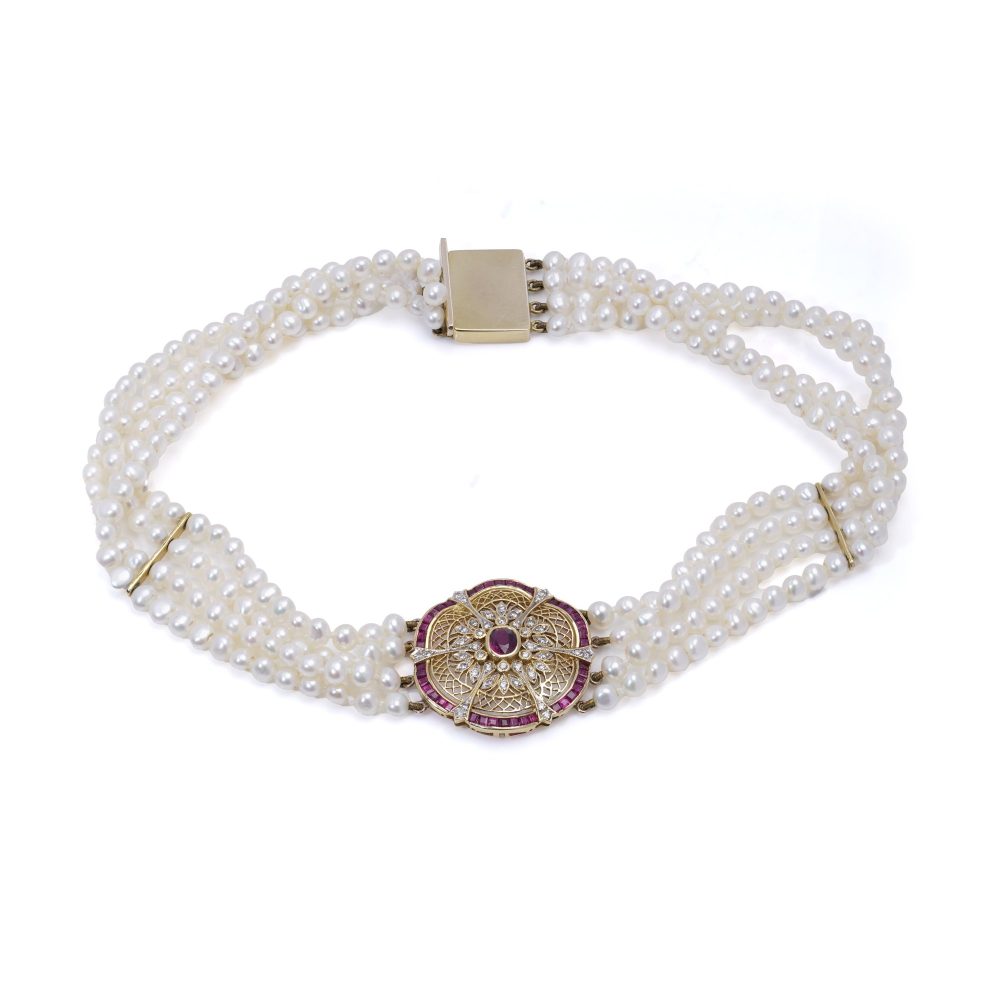 Diamond, Ruby And Pearl Choker Necklace in 18 Carat And 9 Carat Yellow Gold