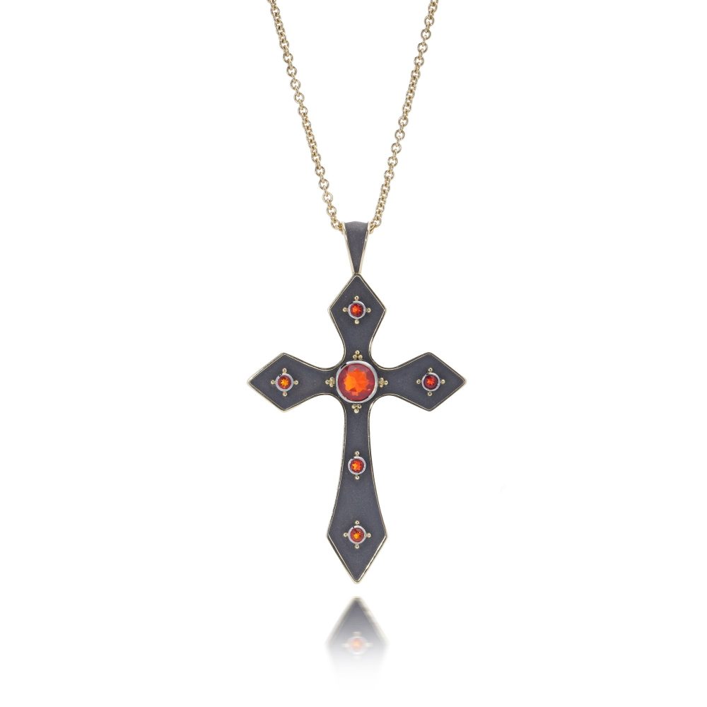 Theo Fennell 18 Carat Gold Cross Pendant With Fire Opals