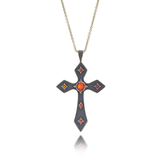 Theo Fennell 18 Carat Gold Cross Pendant With Fire Opals