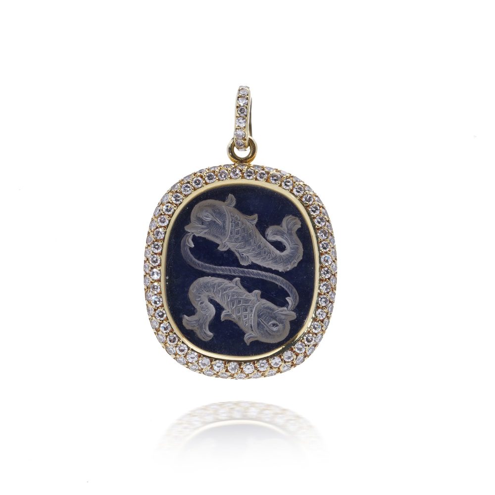 18 Carat Gold Faraone Pendant With Diamond Halo And Engraved Koi Motif