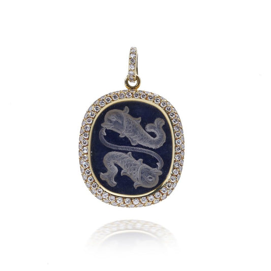 18 Carat Gold Faraone Pendant With Diamond Halo And Engraved Koi Motif