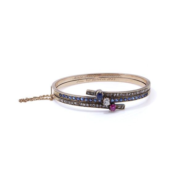 Edwardian 9 Carat Gold Bangle With Diamonds, Sapphires And Ruby