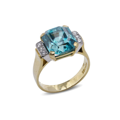 18 Carat Gold Blue Zircon Ring With Diamond Accents by Adamek