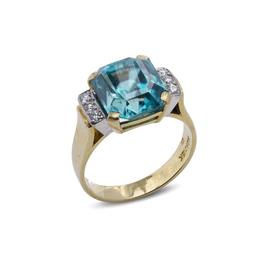 18 Carat Gold Blue Zircon Ring With Diamond Accents by Adamek