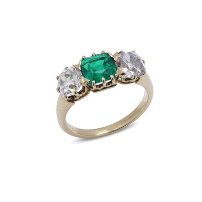 Antique 1.7 Carat Colombian Emerald And Old Cut Diamond Ring In 18 Carat Gold