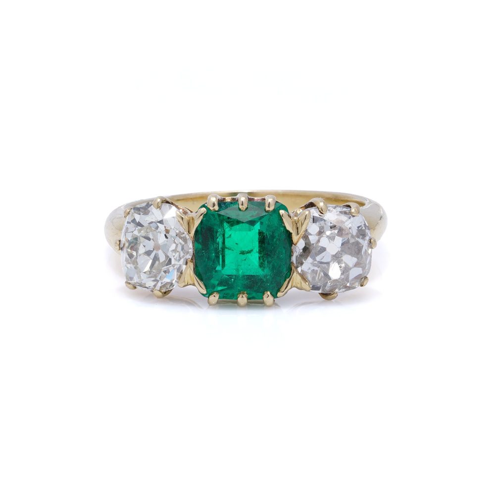 Antique 1.7 Carat Colombian Emerald And Old Cut Diamond Ring In 18 Carat Gold