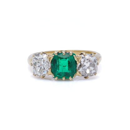 Antique 1.7 Carat Colombian Emerald And Old Cut Diamond Ring In 18 Carat Gold