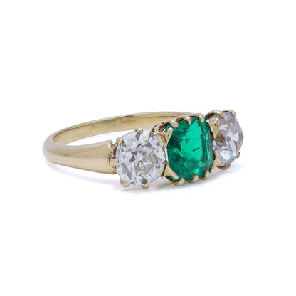Antique 1.7 Carat Colombian Emerald And Old Cut Diamond Ring In 18 Carat Gold