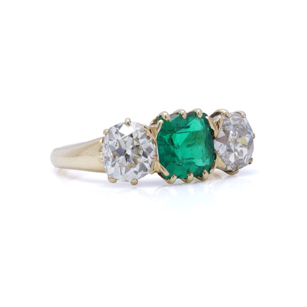 Antique 1.7 Carat Colombian Emerald And Old Cut Diamond Ring In 18 Carat Gold