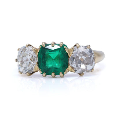 Antique 1.7 Carat Colombian Emerald And Old Cut Diamond Ring In 18 Carat Gold