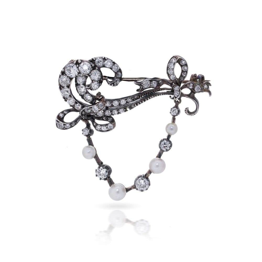 Antique Edwardian 9 Carat Gold And Silver Brooch With Old Cut Diamonds and Pearls