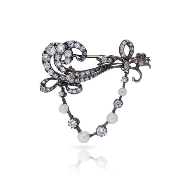Antique Edwardian 9 Carat Gold And Silver Brooch With Old Cut Diamonds and Pearls