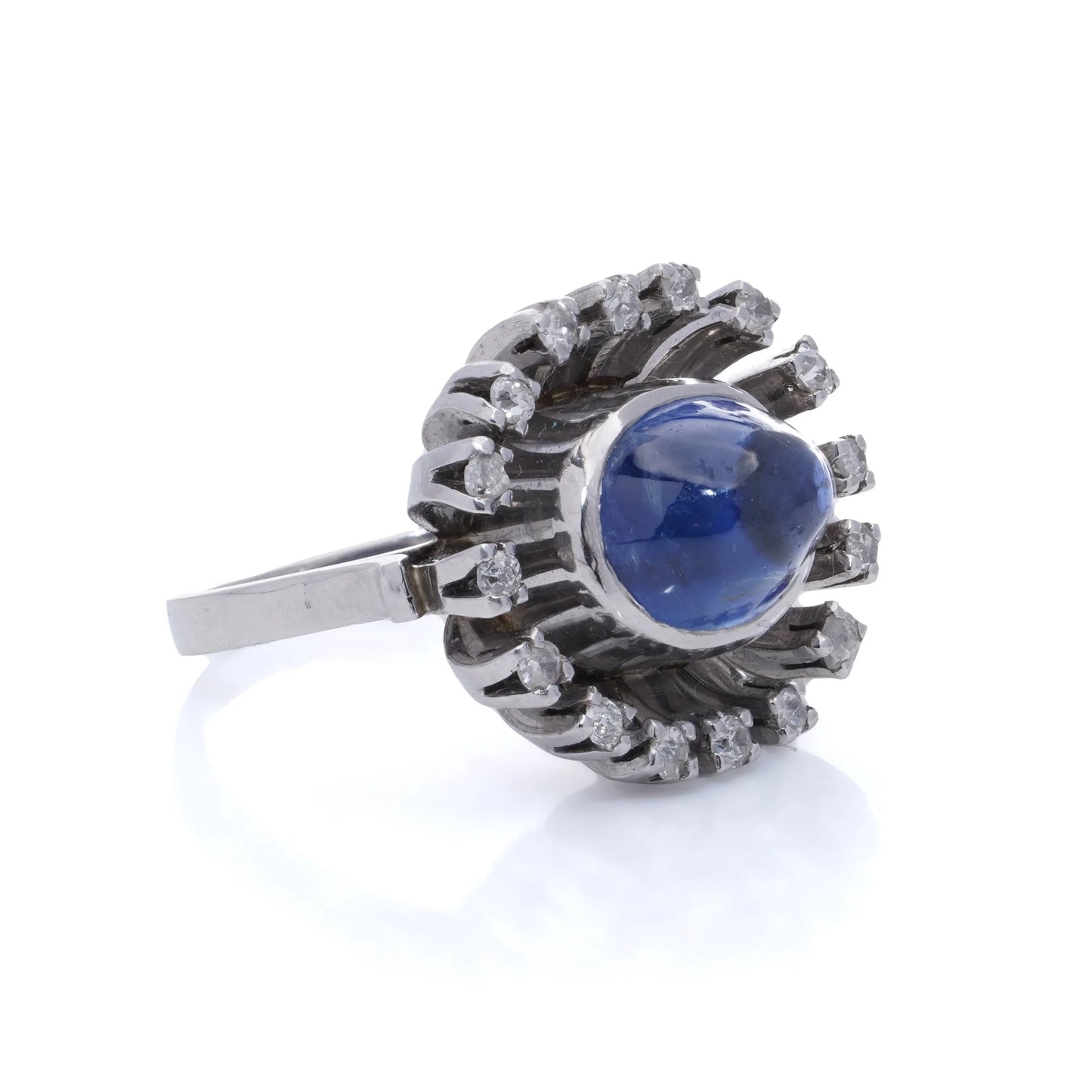 Vintage 5.50 ct. NATURAL NO HEAT Cabochon Blue Sapphire & Diamond Ring