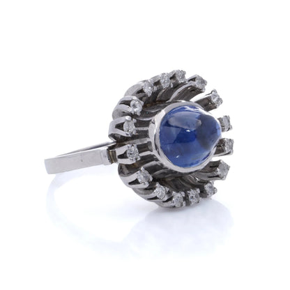 Vintage 5.50 ct. NATURAL NO HEAT Cabochon Blue Sapphire & Diamond Ring