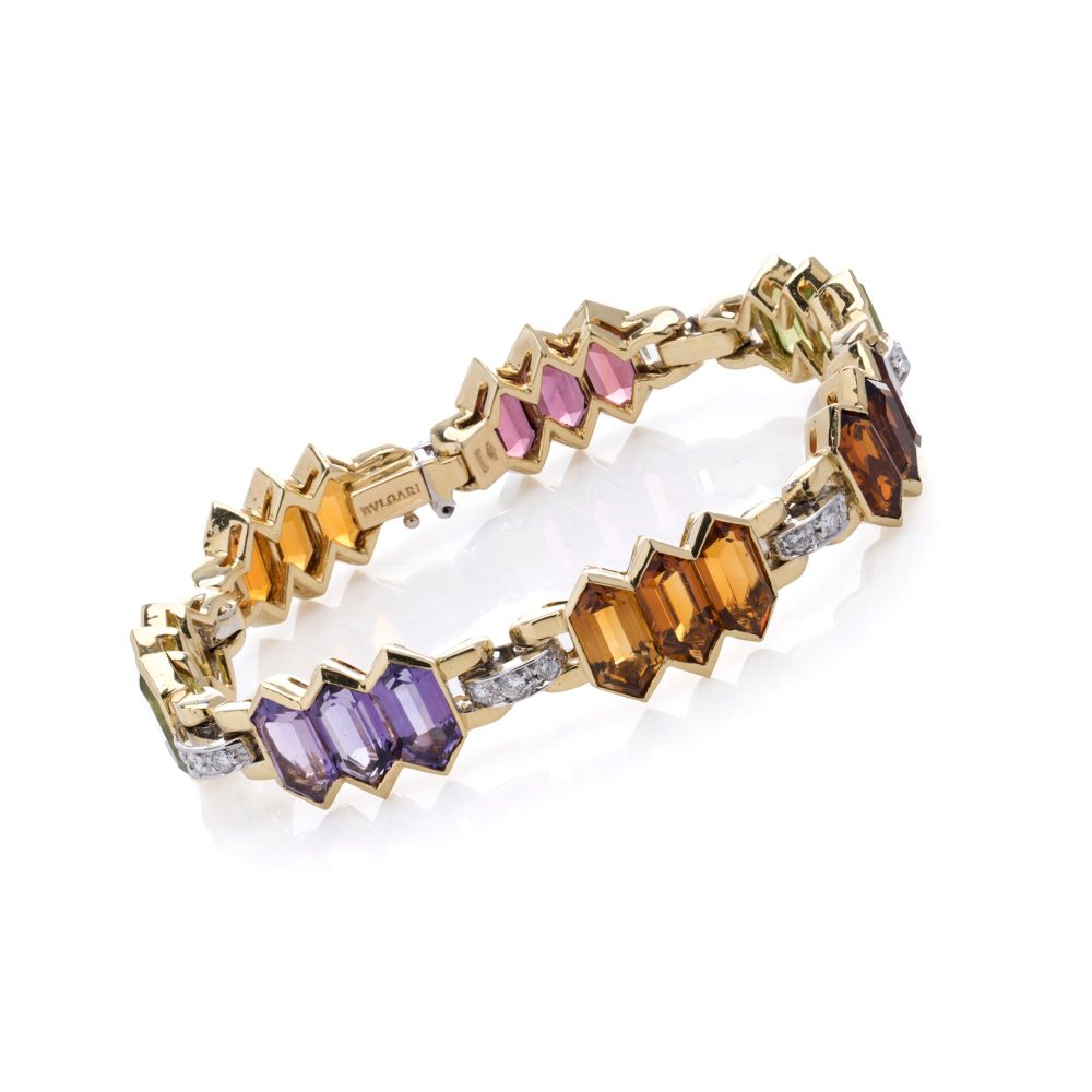 Bulgari 18 Carat Gold Bracelet With Multicoloured Gemstones and Diamonds