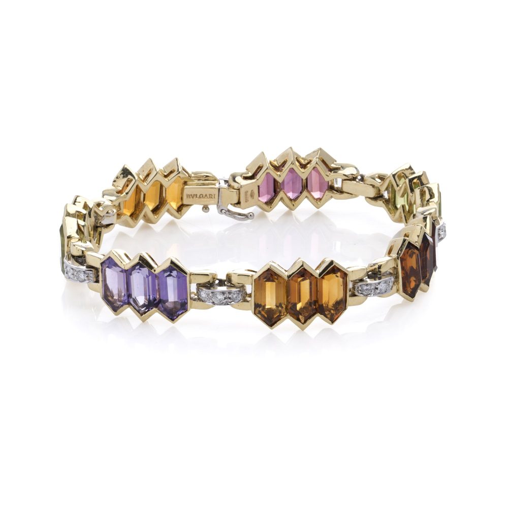 Bulgari 18 Carat Gold Bracelet With Multicoloured Gemstones and Diamonds