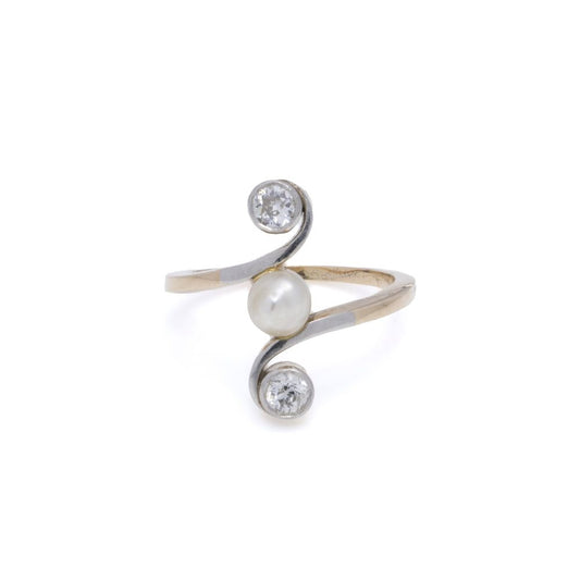 Antique Edwardian Gold Ring With Pearl And Old Cut Diamonds