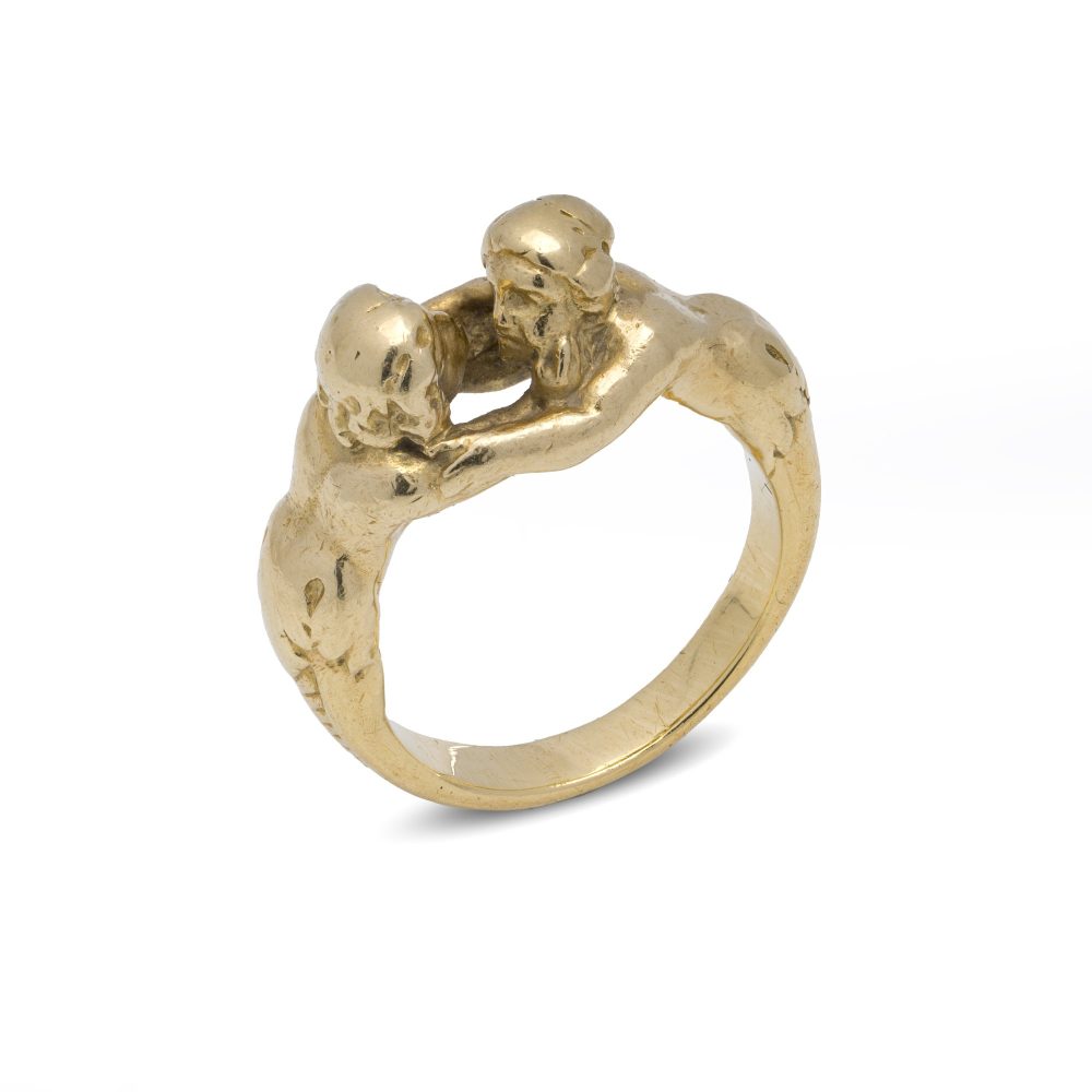 Antique French 18 Carat Gold Ring Depicting A Man And Woman Embracing