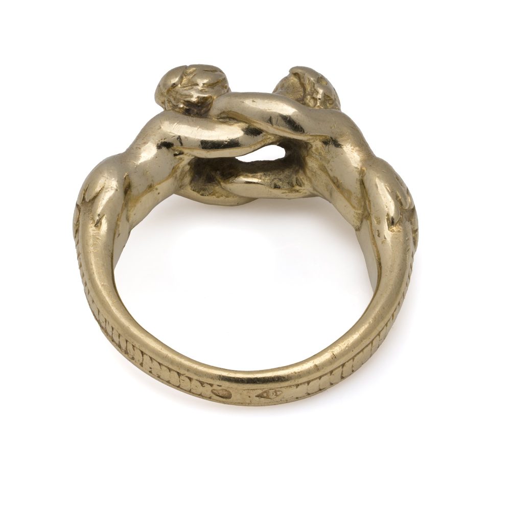 Antique French 18 Carat Gold Ring Depicting A Man And Woman Embracing