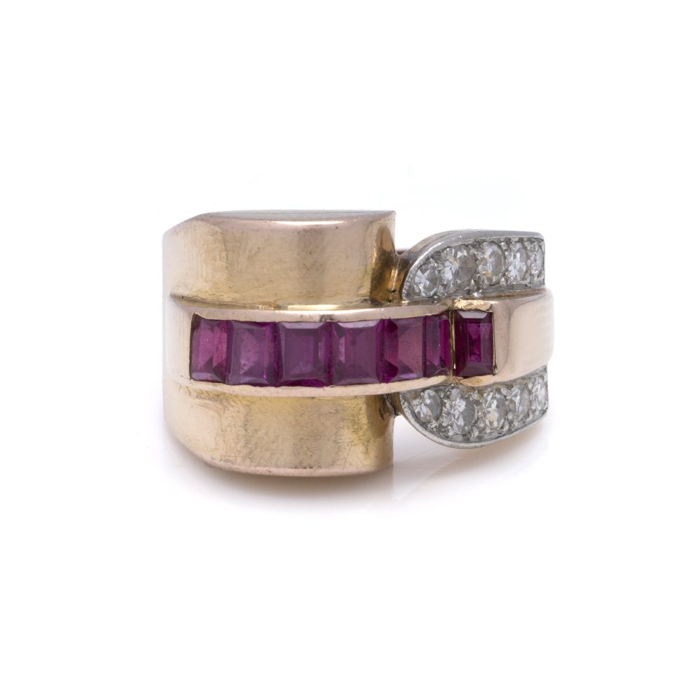 Art Deco 18 Carat Yellow Gold Ring With Rubies and Diamonds