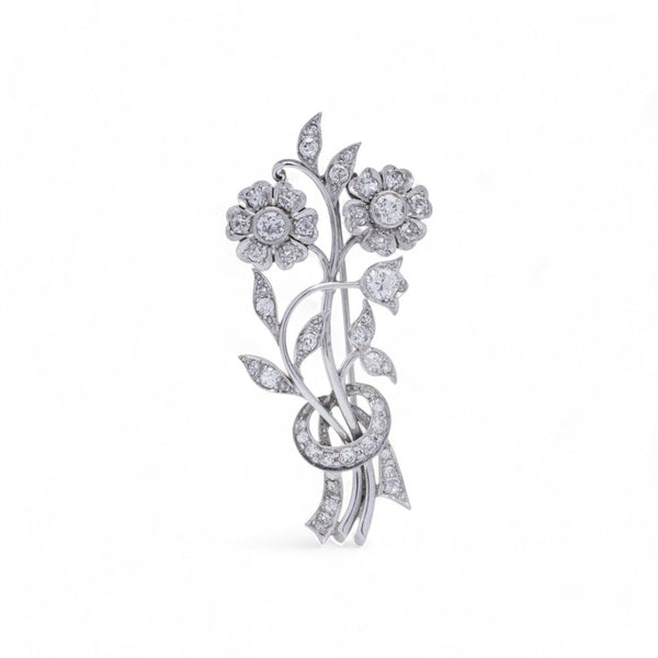 Antique Art Deco Platinum Flower Brooch With Old European Cut Diamonds