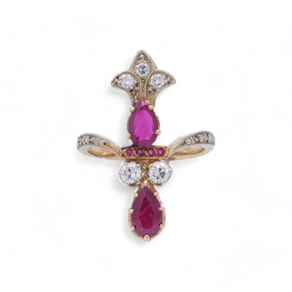 Vintage Burma Ruby and Diamond Ring In 18 Carat Yellow Gold