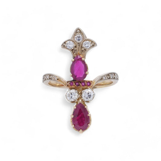 Vintage Burma Ruby and Diamond Ring In 18 Carat Yellow Gold
