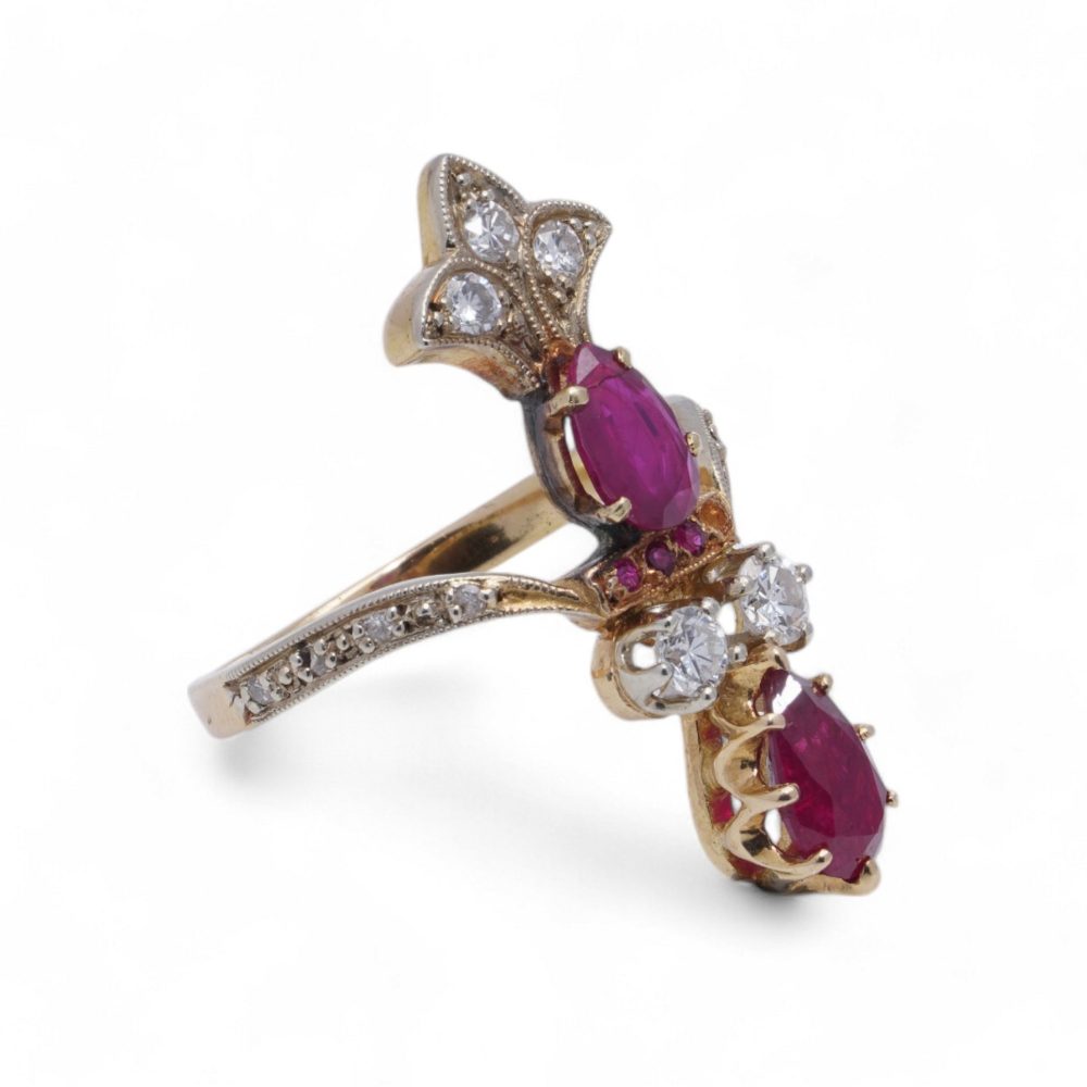 Vintage Burma Ruby and Diamond Ring In 18 Carat Yellow Gold