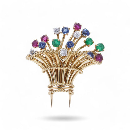 Cartier Vintage Flower Basket Brooch With Gemstones In 18 Carat Yellow Gold