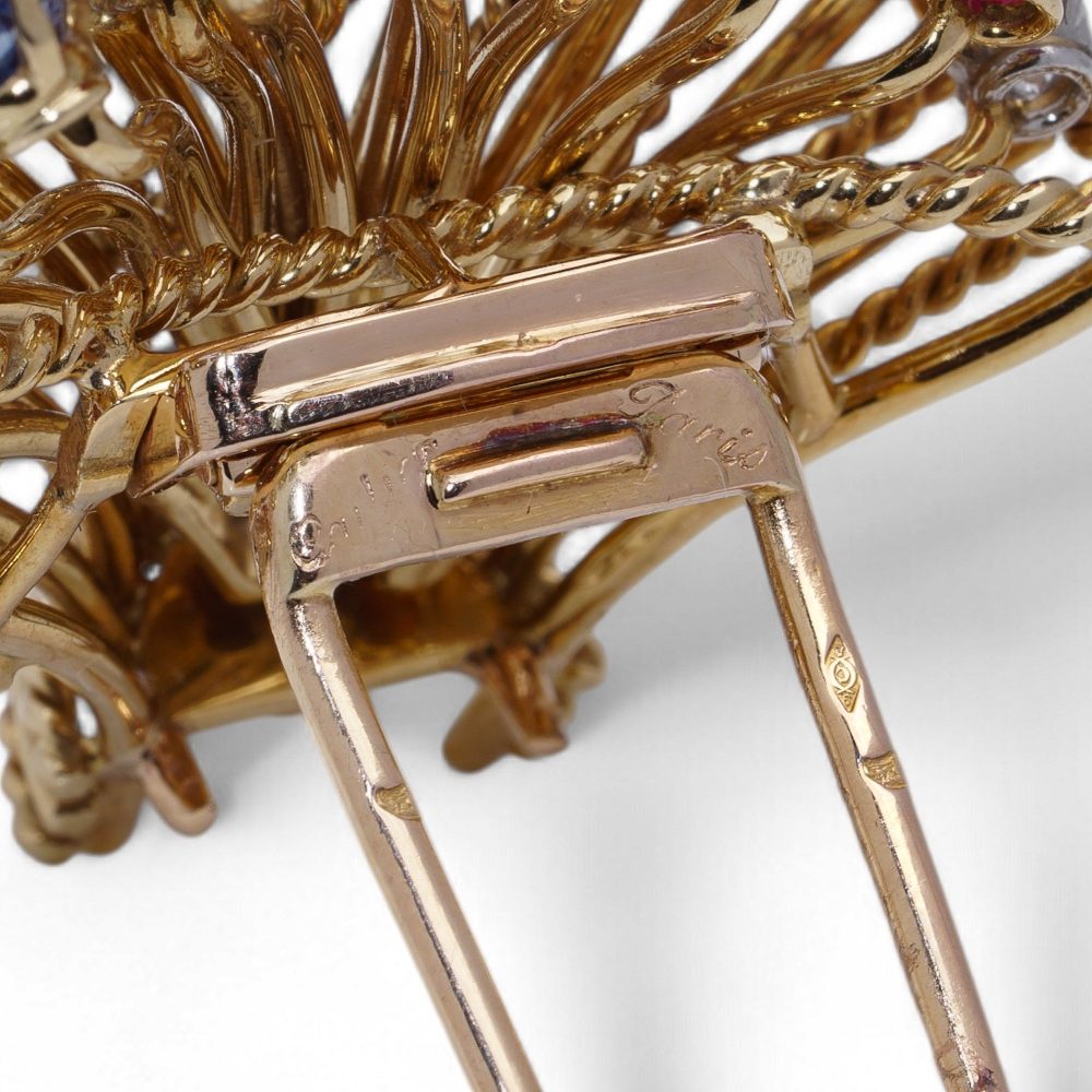 Cartier Vintage Flower Basket Brooch With Gemstones In 18 Carat Yellow Gold