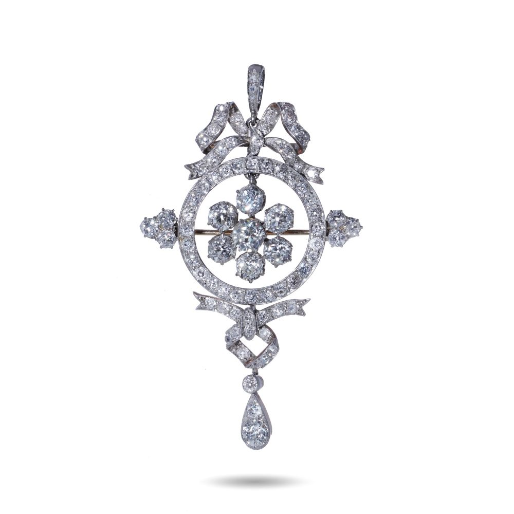 Edwardian Old European Cut Diamond Brooch/Pendant In Gold And Silver