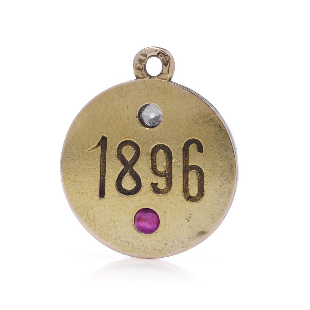 Antique 14 Carat Yellow Gold Russian Pendant With Ruby And Old Cut Diamond