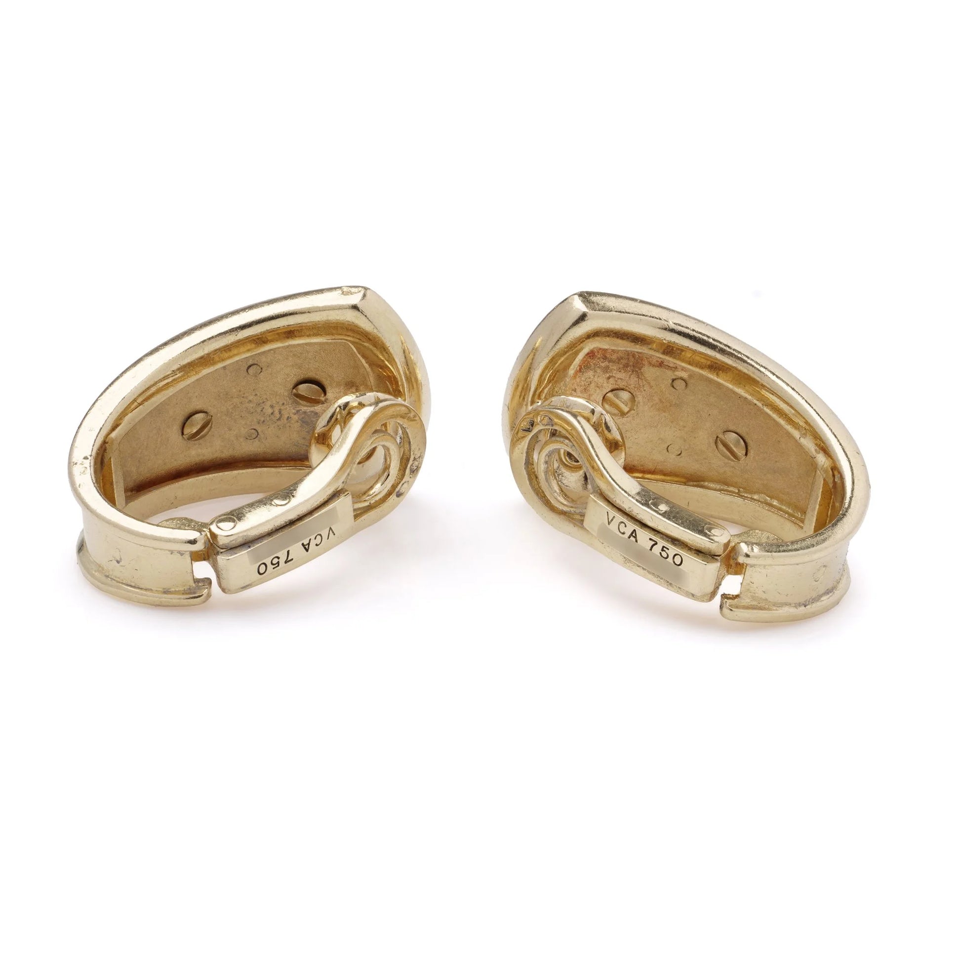 A pair of yellow gold earrings stamped VCA 750, on a white background