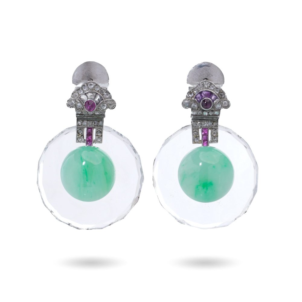 Art Deco gemstone drop earrings in platinum.