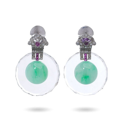 Art Deco Rock Crystal, Gemstone And Jade Drop Earrings In Platinum