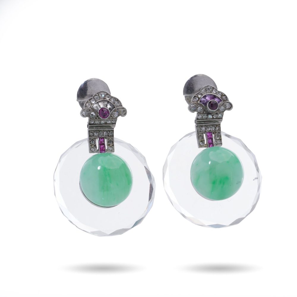 Art Deco Rock Crystal, Gemstone And Jade Drop Earrings In Platinum