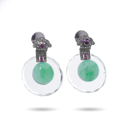 Art Deco Rock Crystal, Gemstone And Jade Drop Earrings In Platinum
