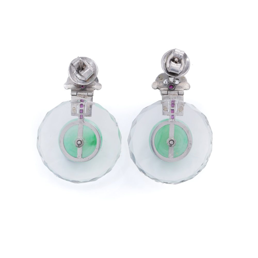 Art Deco Rock Crystal, Gemstone And Jade Drop Earrings In Platinum