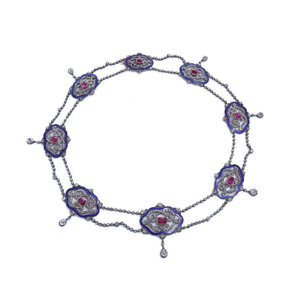 Victorian diamond, ruby and enamel necklace in gold.